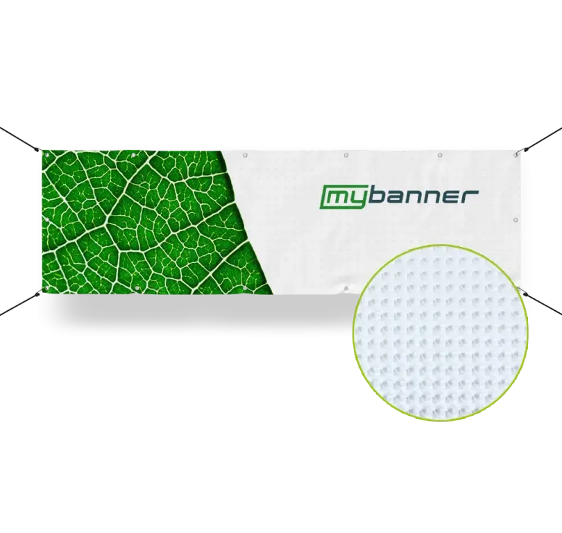 PVC Mesh Banner mit Lochstruktur – Detailansicht des Materials für winddurchlässige Werbung