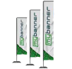 Beachflag Square Premium mit Metallbodenplatte in rechtsseitiger Ausführung, dargestellt in den Größen S, M und L. Hochwertige Werbefahne für Innen- und Außeneinsatz mit individuell bedruckbarem Flaggenstoff für Messen, Events und Unternehmenswerbung.